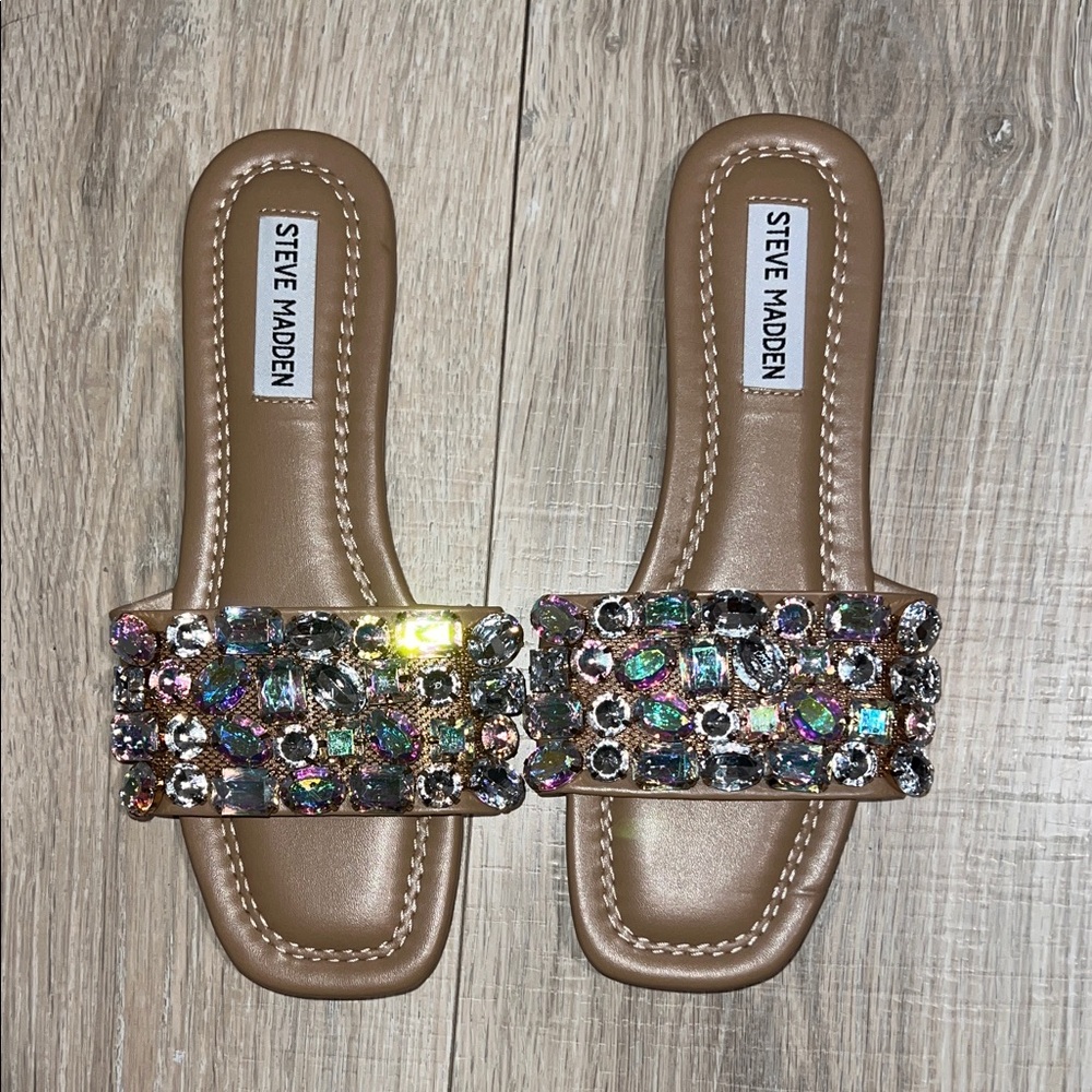 Steve Madden Tan Slide Sandals with Multi-Color Crystal‎ Embellishments